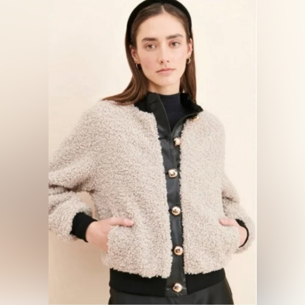 Nwt Jules Kae Cropped Fuzzy Sherpa Bomber Jacket Cream Sz Small